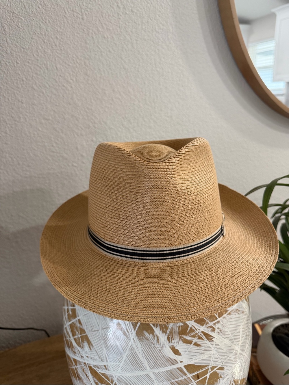 Stetson Tan Straw Fedora with Black and White Band